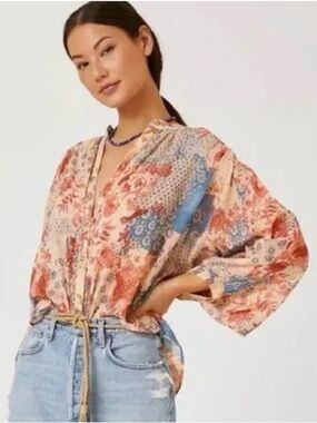 Anthropologie Pilcro Sidney Batwing Multicolor Patchwork Bohemian Blouse Top XS